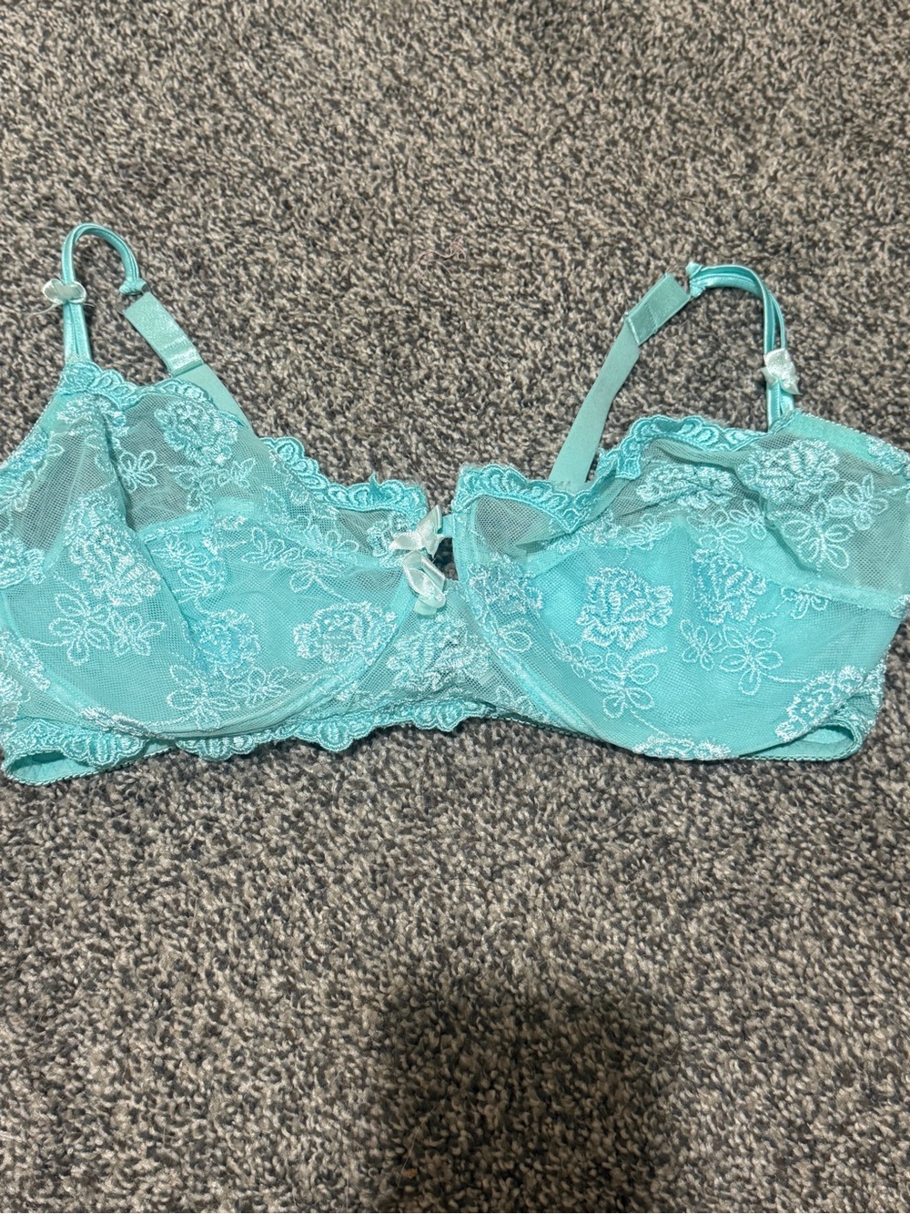 Sheer Teal Lace Underwire Bra with Floral Embroidery